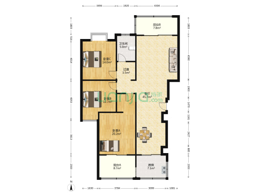 新天地 3室1厅1卫 141平方