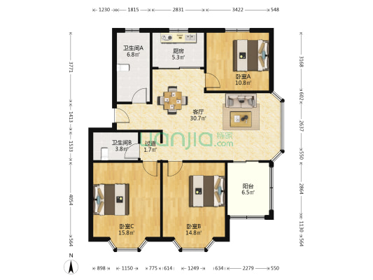 红翔新村 3室1厅2卫 117平方