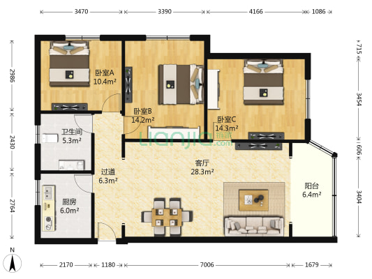 五星公寓 3室1厅1卫 131平方