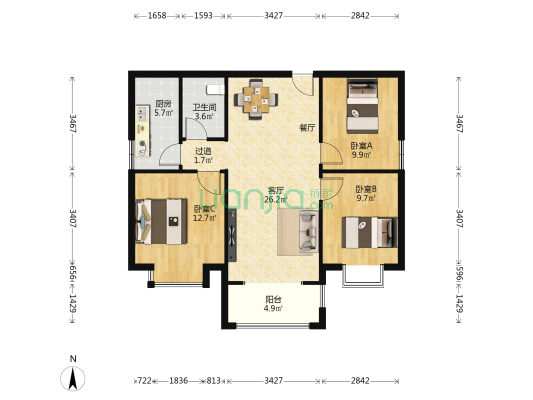 紫台福邸 3室1厅1卫 105平方