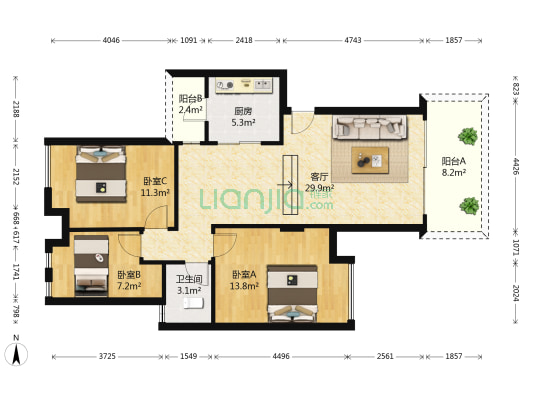 万科第五园一期 3室1厅1卫 96平方