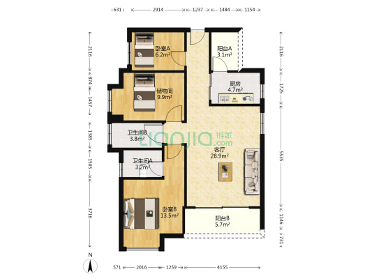 中堂东港城 2室1厅2卫 98平方