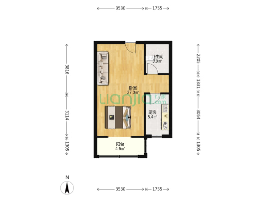冠云路，宏远景园，精致装修一室一厅，朝南-户型图