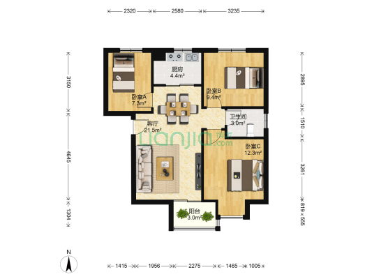 和润林湖美景 3室1厅1卫 87平方