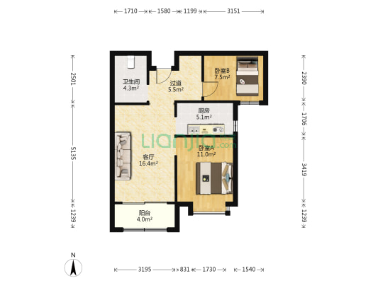 恒大花溪小镇 2室1厅1卫 87平方