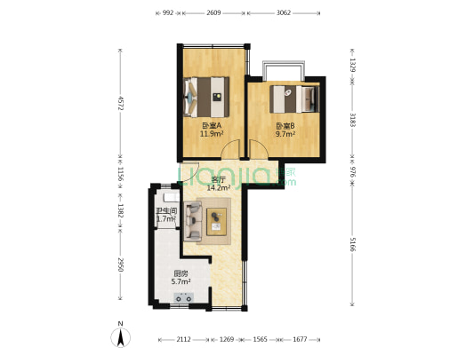 新华社区 2室1厅1卫 57平方