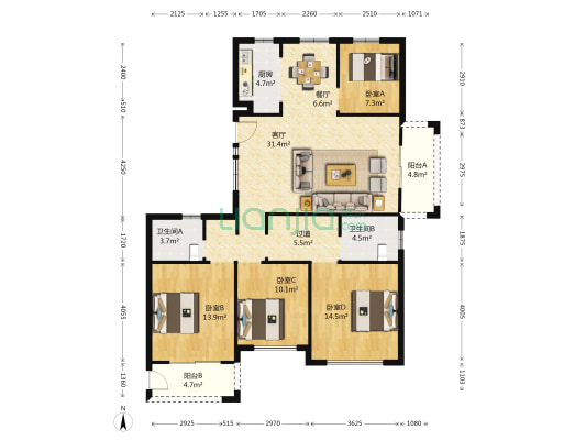 华韵嘉园 4室2厅2卫 166平方