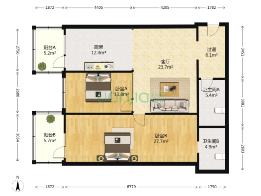 龙电大厦 2室1厅2卫 140平方