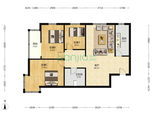 满二，三居室，集中供暖，采光好，优质房源！-户型图