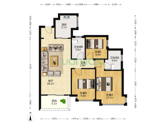 松湖悦府 3室1厅2卫 99平方