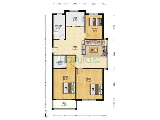汇丰花园 3室1厅2卫 121平方