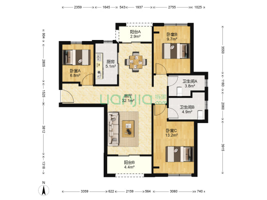 F水星城 3室1厅2卫 113平方