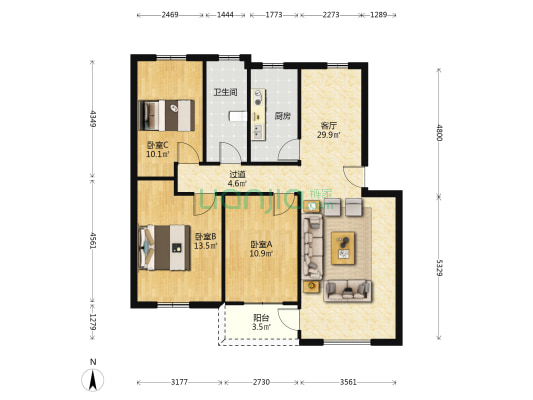 国土局宿舍二区 3室1厅1卫 104平方