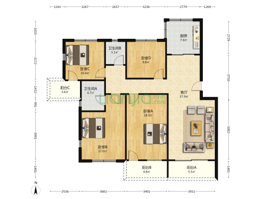 中山嘉明电力有限公司（陵岗宿舍） 4室1厅2卫 141平方