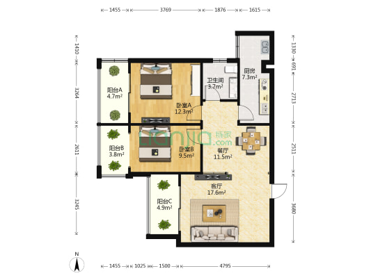 御湖国际 2室2厅1卫 89平方