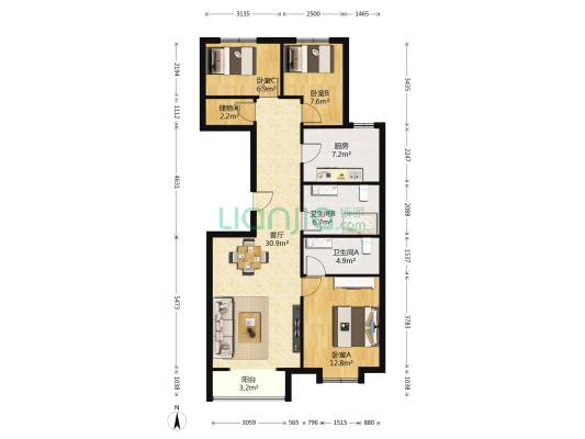 天资华府 3室1厅2卫 117平方