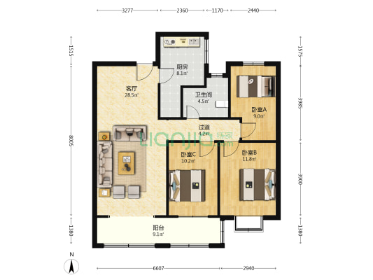 东升公园印象 3室1厅1卫 122平方