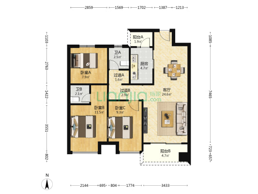 上河雲璟 3室1厅2卫 98平方