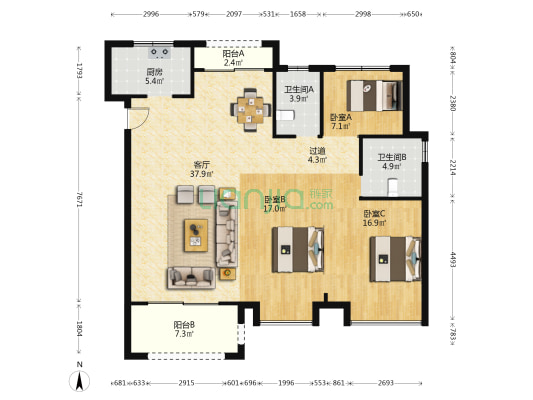 宸北花苑 3室1厅2卫 127平方