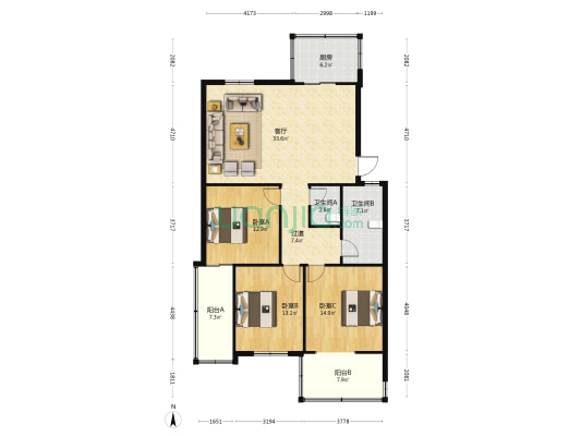 东方小区 3室1厅2卫 130平方