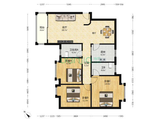 嘉信苑 3室1厅2卫 114平方