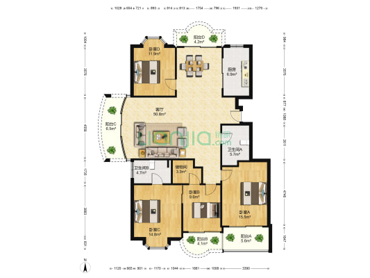 云洲苑 4室1厅2卫 162平方