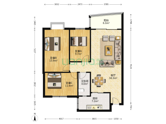 翠华花园 3室1厅1卫 105平方