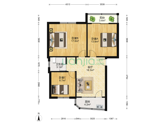 五洲村8号项目 3室1厅1卫 85平方
