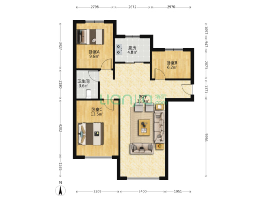涿州高铁狮子城精装修大三居室，还有一个大露台-户型图