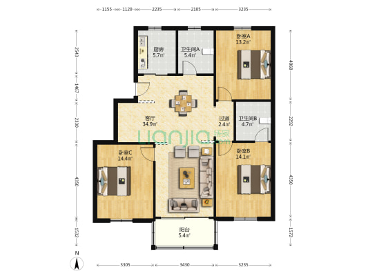 桃苑二区 3室1厅2卫 115平方
