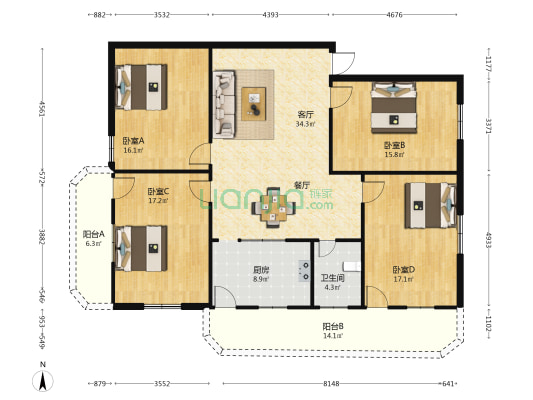 凤溪小区 4室1厅1卫 152平方