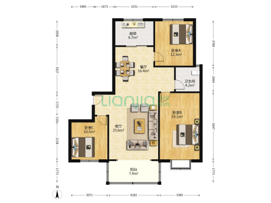 丽景花园 3室2厅1卫 132平方