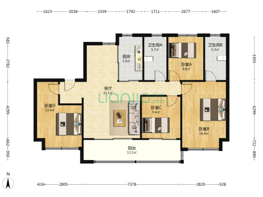 招商局中心臻境南园 4室1厅2卫 143平方