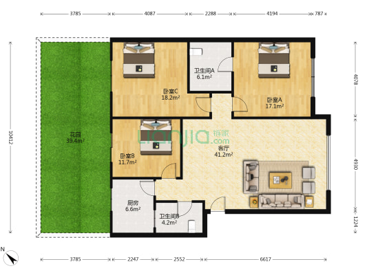 富豪庭苑 3室1厅2卫 128平方