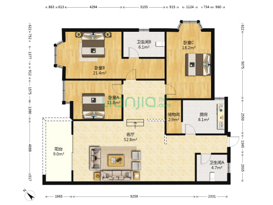 帝豪花苑 3室1厅2卫 136平方