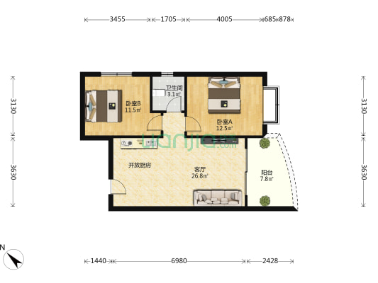 天著花园 2室1厅1卫 77平方