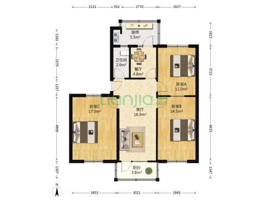 中心路5号院 3室2厅1卫 93平方
