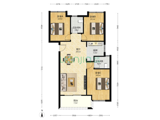 华远海蓝郡 3室1厅2卫 112平方