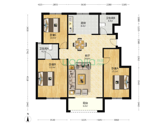 华塘蓝庭苑 3室1厅2卫 125平方