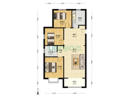 中国中铁•诺德城•东麓溪谷 3室2厅1卫 111平方