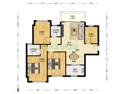金地格林泊乐花园二期 4室1厅2卫 99平方