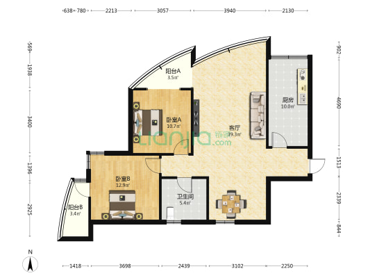 美丽MALL 2室1厅1卫 103平方