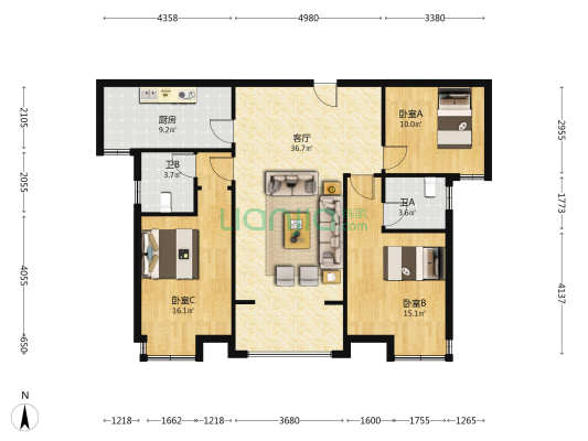 站前花城 3室1厅2卫 116平方