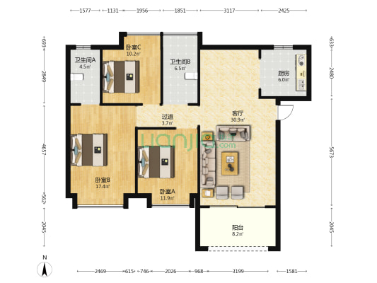 益守·壹山湖 3室1厅2卫 123平方