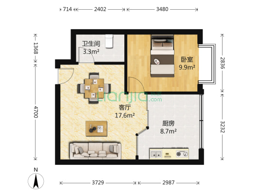 鹏程时代 1室1厅1卫 53平方