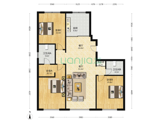 华润中心 3室2厅2卫 165平方