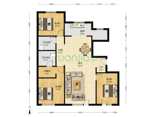 大爱城雅园 3室1厅2卫 137平方