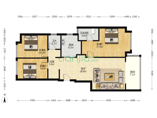 万科润园 3室1厅2卫 105平方