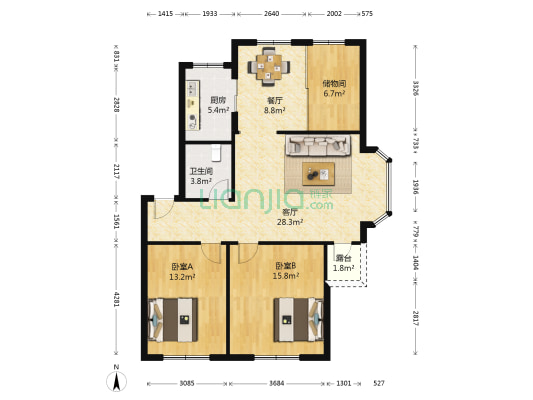 民贵家园 2室2厅1卫 111平方