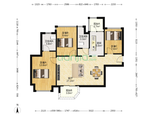 招商花园城一期 3室1厅2卫 89平方